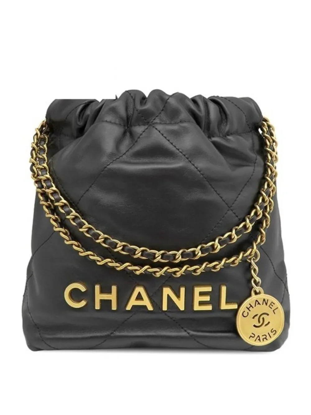 Chanel 2-Way Bag 22 Mini Handbag Calf Shiny Calfskin Black Vintage